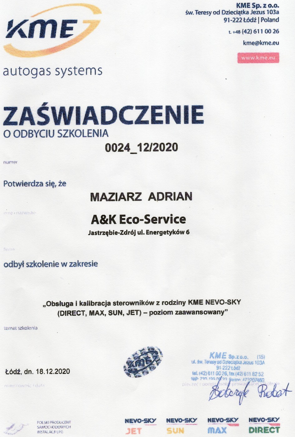 Zaświadczenie KME Adriana z 2020 roku