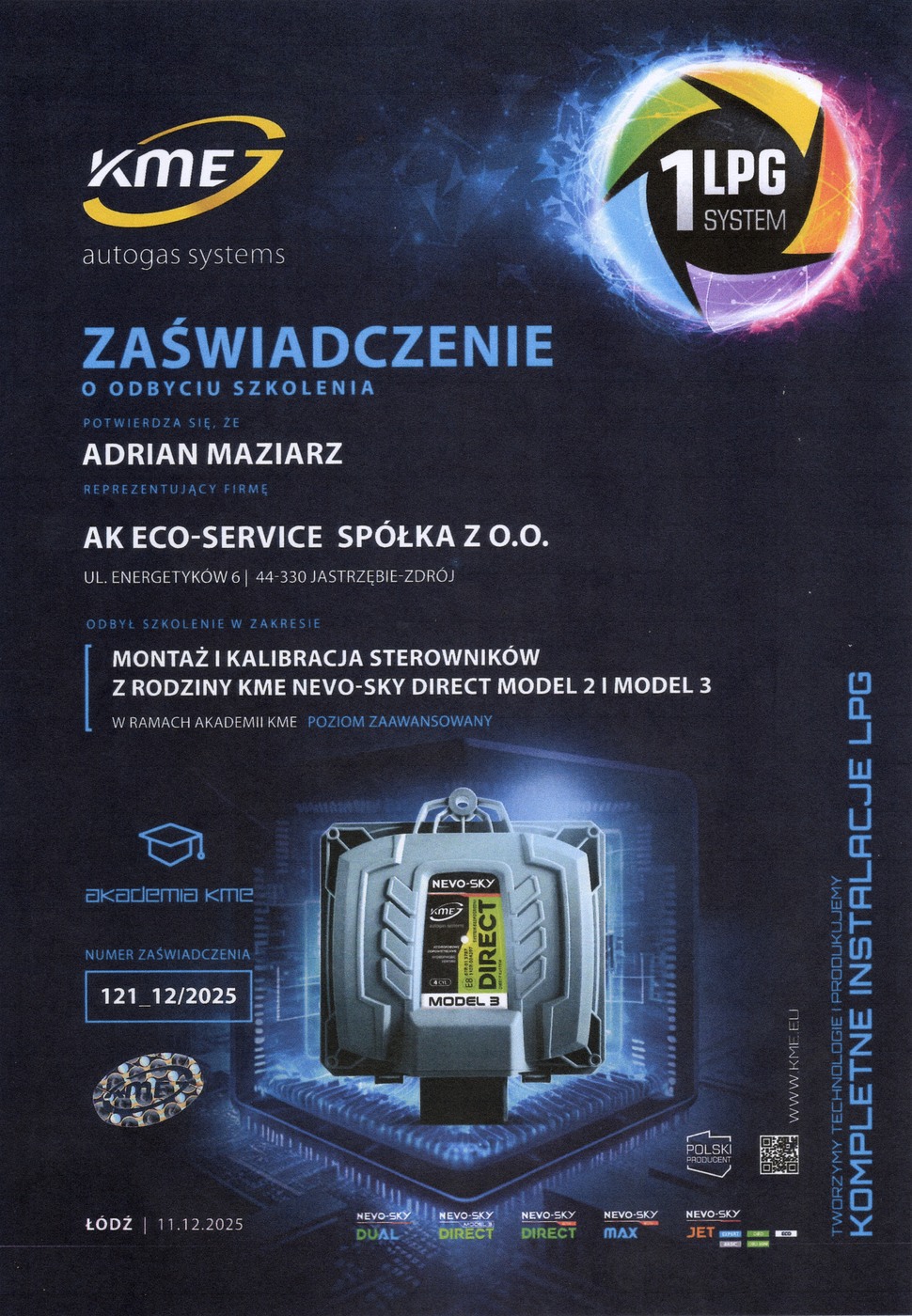 Zaświadczenie KME Direct Adriana z 2025 roku