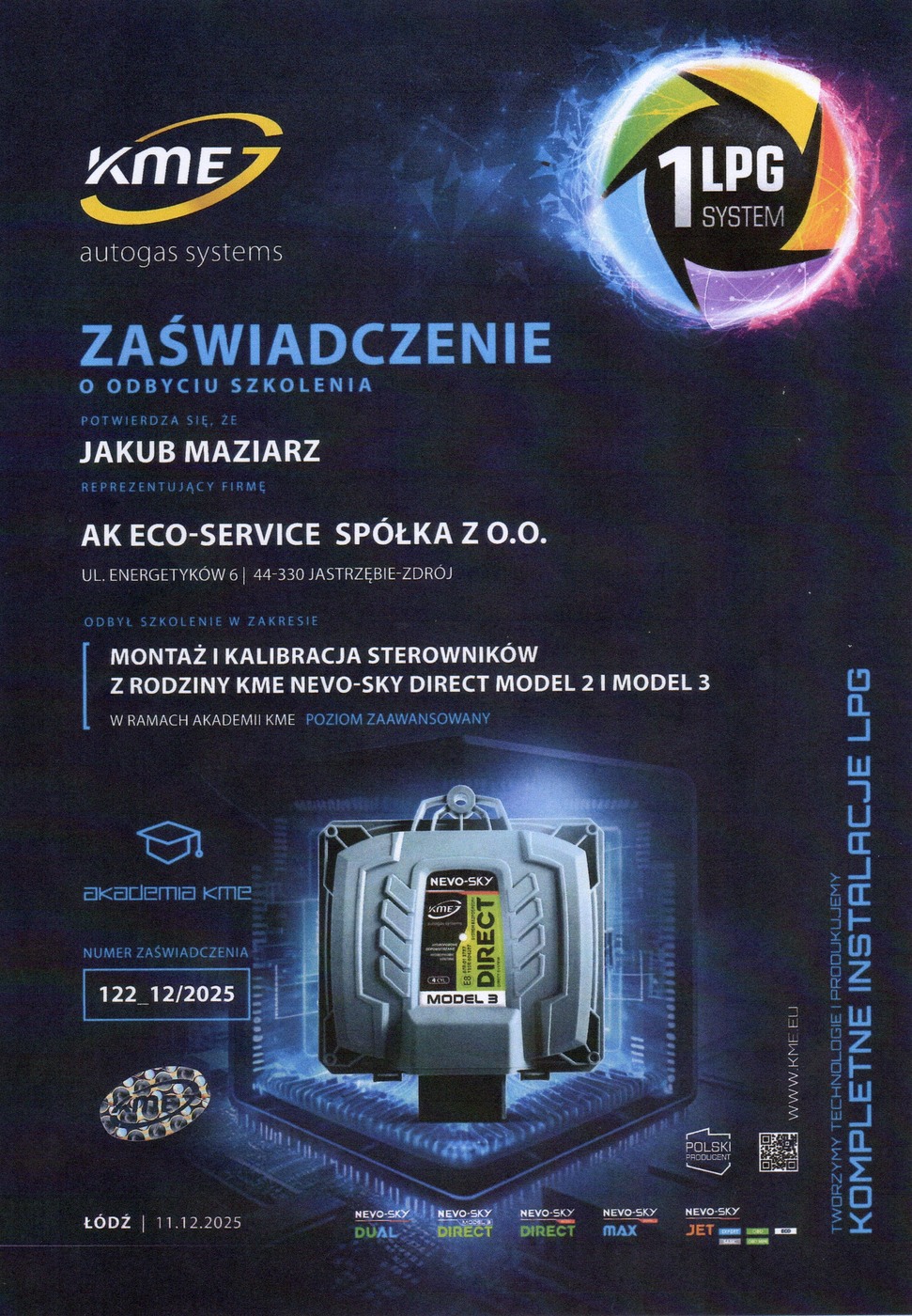 Zaświadczenie KME Direct Jakuba z 2025 roku